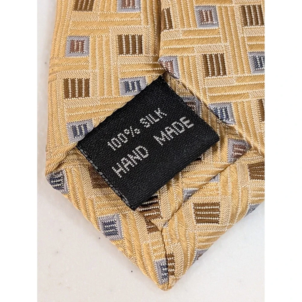 Impermeable Weatherproof Mens Tie Silk Hand Made Tan Blue‎ Brown Geometric 58" - Picture 3 of 3
